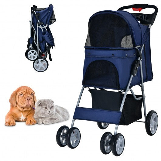 Folding Pet Stroller with Storage Basket and Adjustable Canopy-Navy - Color: Navy