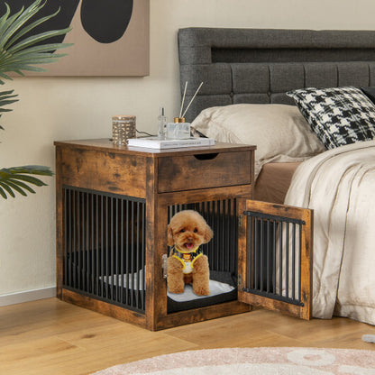 2-In-1 Dog House with Drawer and Wired Wireless Charging-Rustic Brown - Color: Rustic Brown