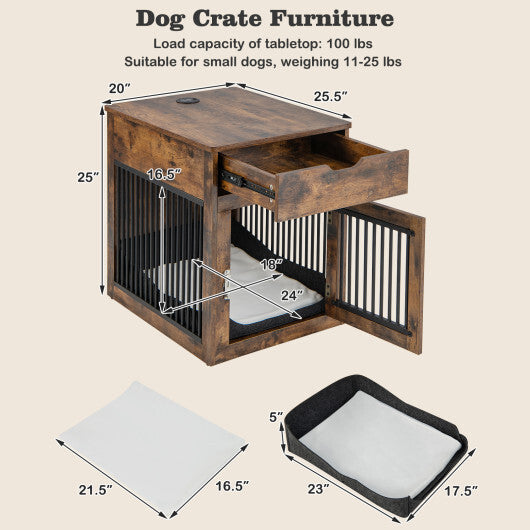 2-In-1 Dog House with Drawer and Wired Wireless Charging-Rustic Brown - Color: Rustic Brown