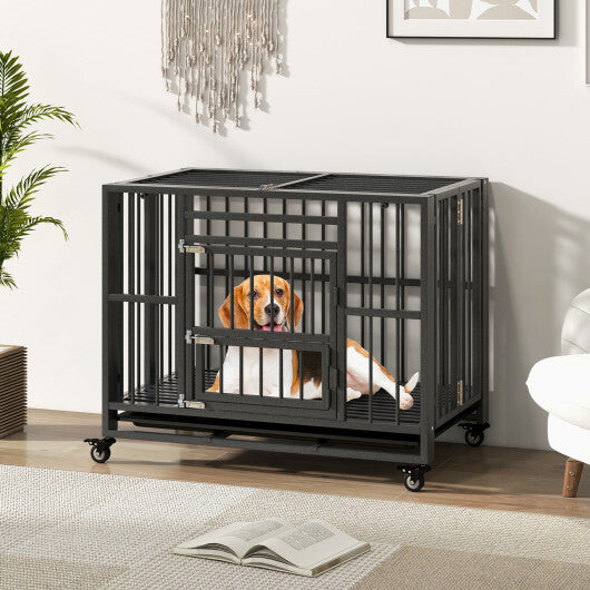 Foldable Heavy-Duty Metal Dog Cage Chew-proof Dog Crate with Lockable Universal Wheels - Color: Black