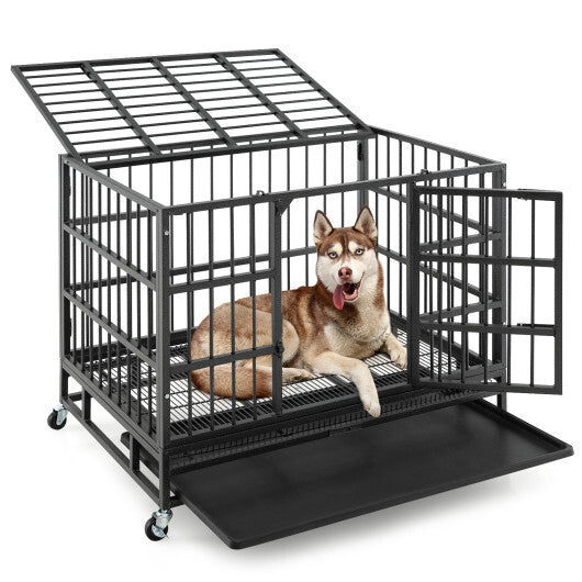 38 Inch Foldable Heavy-Duty Metal Dog Cage with Lockable Rolling Casters and Tray-38 inches - Color: Black - Size: 38 inches