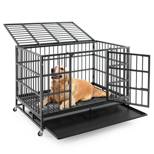 48 Inch Foldable Heavy-Duty Metal Dog Cage with Lockable Rolling Casters and Tray-48 inches - Color: Black - Size: 48 inches