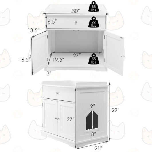 Wooden Cat Litter Box Enclosure with Drawer Side Table Furniture-White - Color: White