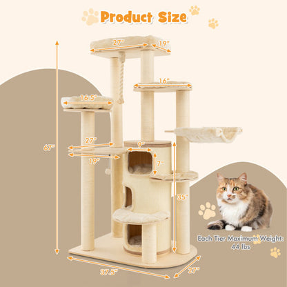 Multi-Level Cat Tree with 3-story Cat Condo-Beige - Color: Beige