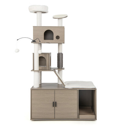 Cat Tree with Litter Box Enclosure for Indoor Cars-Gray - Color: Gray