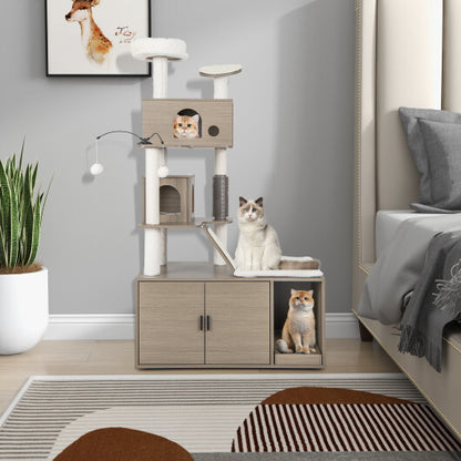 Cat Tree with Litter Box Enclosure for Indoor Cars-Gray - Color: Gray