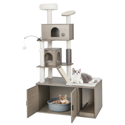 Cat Tree with Litter Box Enclosure for Indoor Cars-Gray - Color: Gray