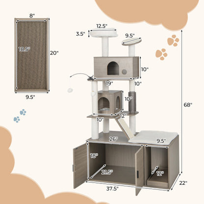 Cat Tree with Litter Box Enclosure for Indoor Cars-Gray - Color: Gray