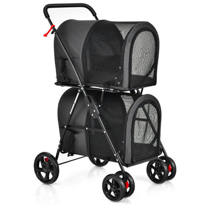 4-in-1 Double Pet Stroller with Detachable Carrier and Travel Carriage-Black - Color: Black