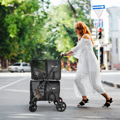 4-in-1 Double Pet Stroller with Detachable Carrier and Travel Carriage-Black - Color: Black