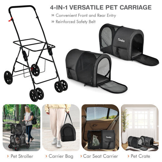 4-in-1 Double Pet Stroller with Detachable Carrier and Travel Carriage-Black - Color: Black