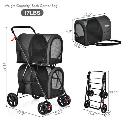 4-in-1 Double Pet Stroller with Detachable Carrier and Travel Carriage-Black - Color: Black