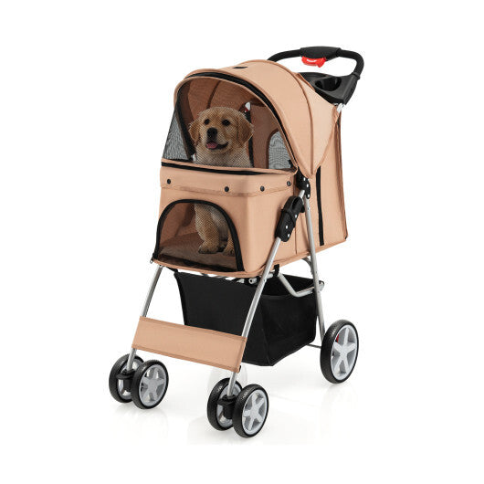 Folding Pet Stroller with Storage Basket and Adjustable Canopy-Beige - Color: Beige