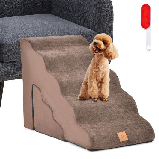 22 Inches and 11 Inches Foam Pet Stairs Set with 5-Tier and 3-Tier Dog Ramps-Brown - Color: Brown