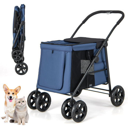 Folding Pet Stroller for Small and Medium Pets with Breathable Mesh andx One-Button Foldable-Blue