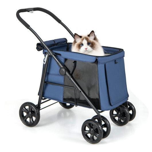 Folding Pet Stroller for Small and Medium Pets with Breathable Mesh andx One-Button Foldable-Blue