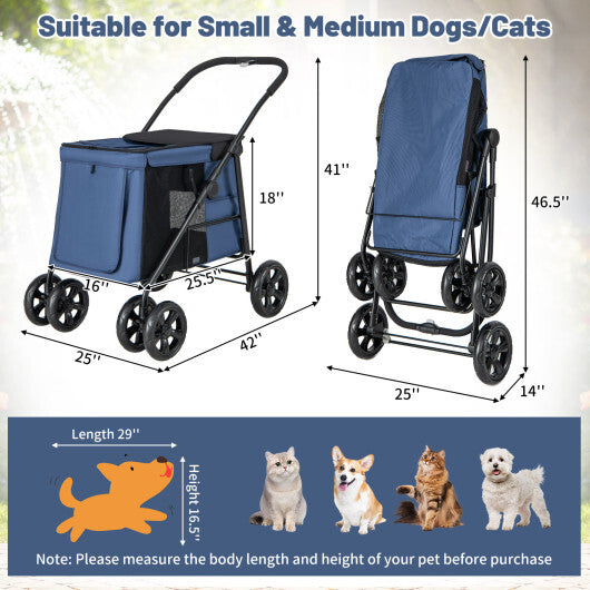 Folding Pet Stroller for Small and Medium Pets with Breathable Mesh andx One-Button Foldable-Blue