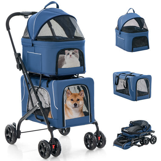 Double Pet Stroller Foldable 3-in-1 Dog Stroller with 2 Detachable Carriers-Blue - Color: Blue