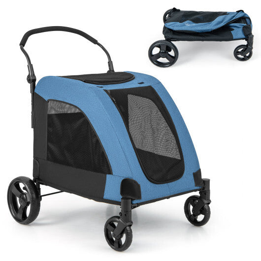 4 Wheels Extra Large Dog Stroller Foldable Pet Stroller with Dual Entry-Blue - Color: Blue