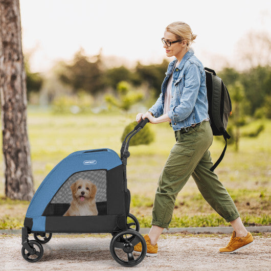 4 Wheels Extra Large Dog Stroller Foldable Pet Stroller with Dual Entry-Blue - Color: Blue