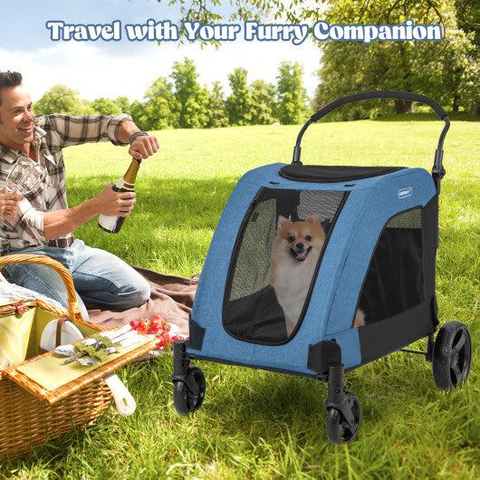 4 Wheels Extra Large Dog Stroller Foldable Pet Stroller with Dual Entry-Blue - Color: Blue