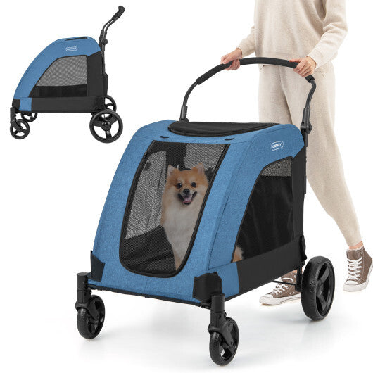 4 Wheels Extra Large Dog Stroller Foldable Pet Stroller with Dual Entry-Blue - Color: Blue