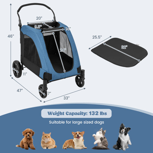 4 Wheels Extra Large Dog Stroller Foldable Pet Stroller with Dual Entry-Blue - Color: Blue