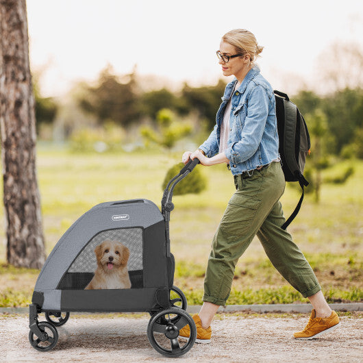 4 Wheels Extra Large Dog Stroller Foldable Pet Stroller with Dual Entry-Gray - Color: Gray